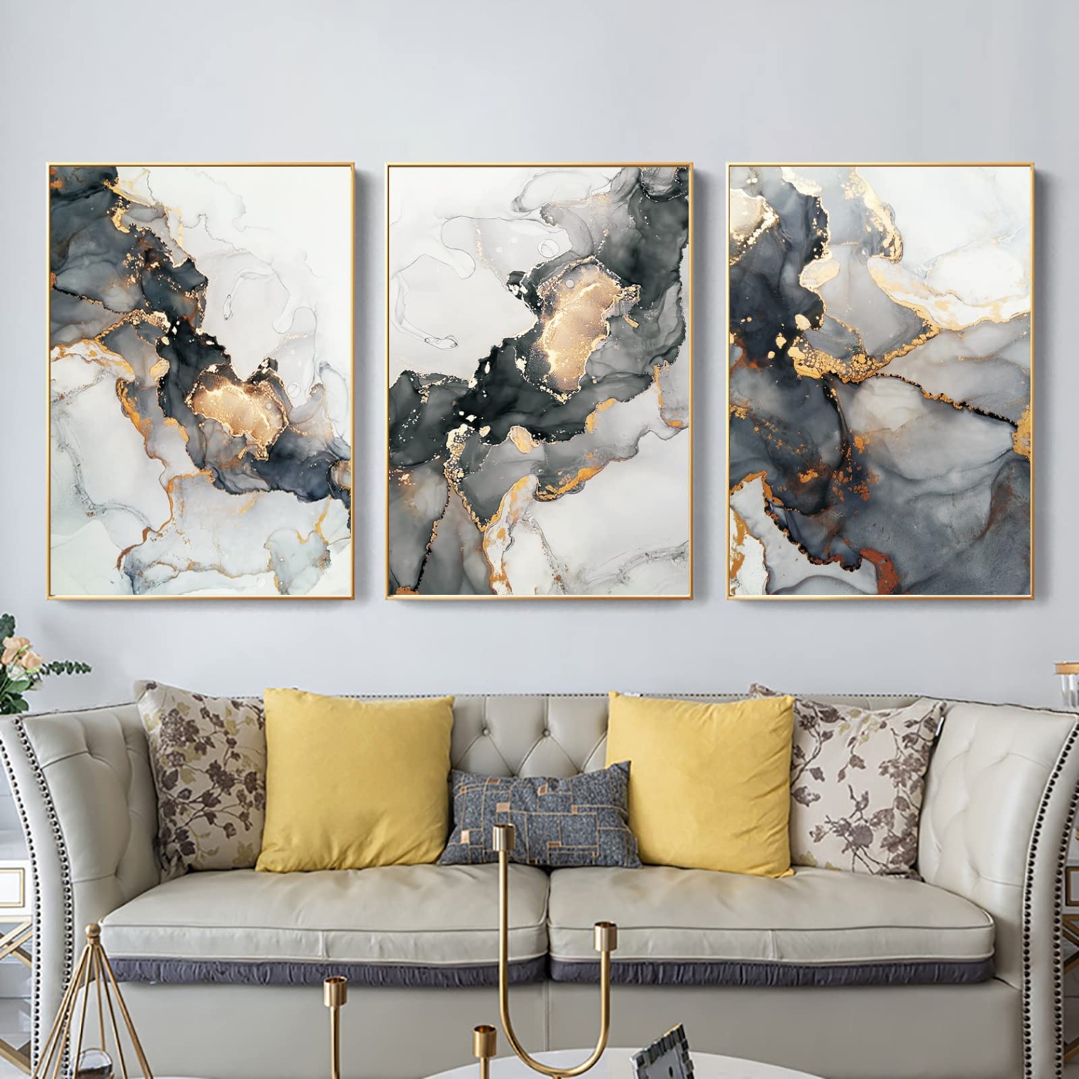 home decor art Niche Utama Home Modern Abstract Foil Lines Marble Canvas Art Paintings Black Gold  Contemporary Wall Home Décor with Look Watercolor DecorationS on For Living  Room Set